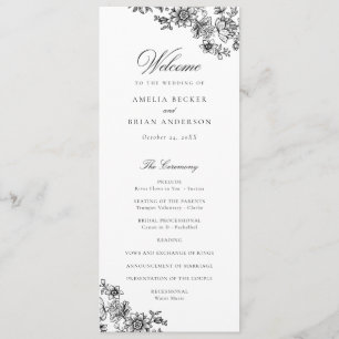 Elegant Floral Vintage Black White Wedding Program Programme
