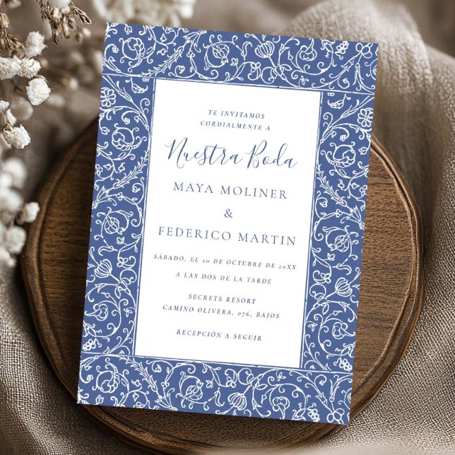 Elegant Floral Vintage Blue Nuestra Boda Wedding Invitation (Creator Uploaded)