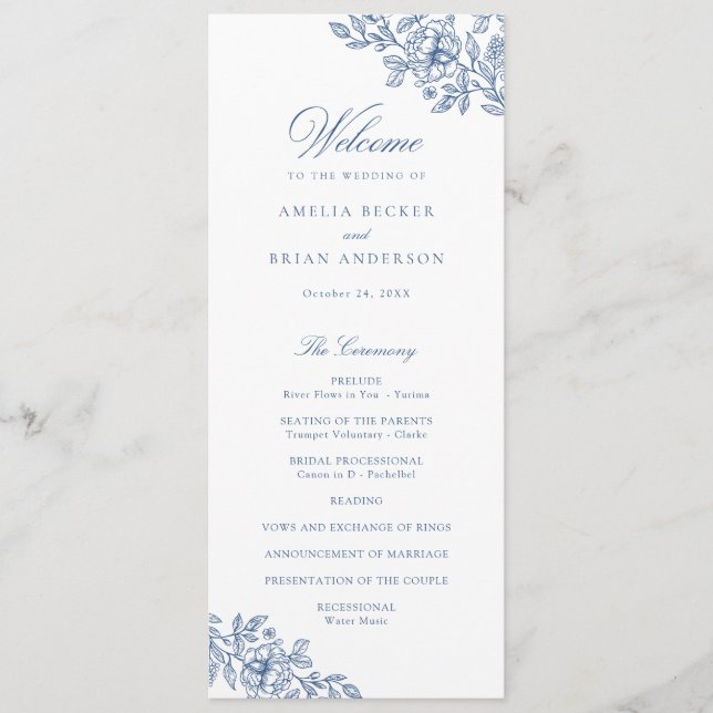 Elegant Floral Vintage Blue Wedding Program Programme (Front)