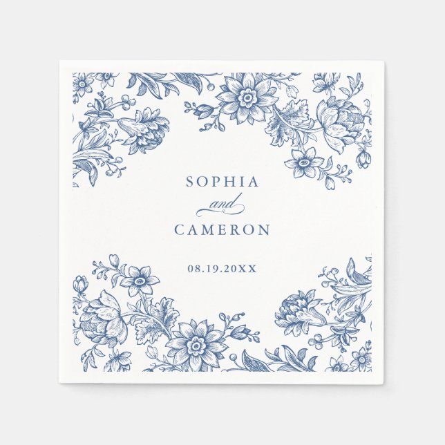 Elegant Floral Vintage Botanical Blue Wedding Napkin (Front)