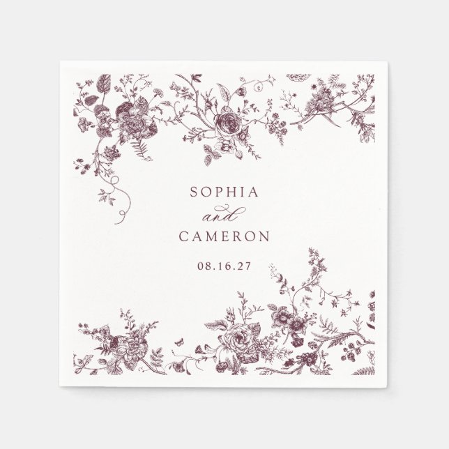 Elegant Floral Vintage Botanical Burgundy Wedding Napkin (Front)