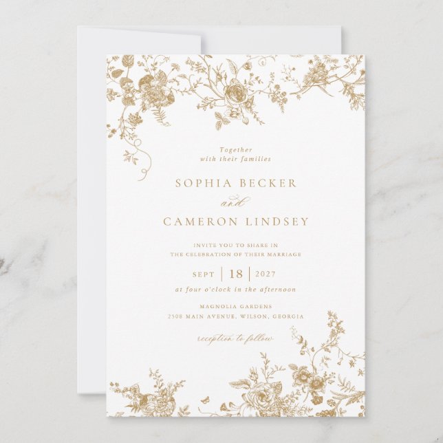 Elegant Floral Vintage Botanical Gold Wedding Invitation (Front)
