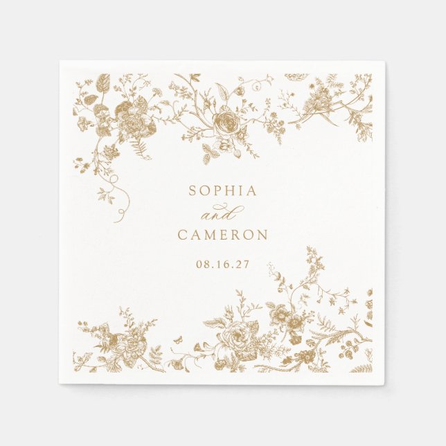 Elegant Floral Vintage Botanical Gold Wedding Napkin (Front)