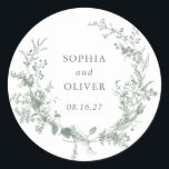 Elegant Floral Vintage Botanical Green Wedding Classic Round Sticker<br><div class="desc">Elegant Floral Vintage Botanical Sage Green Wedding Round Sticker</div>