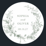 Elegant Floral Vintage Botanical Green Wedding Classic Round Sticker<br><div class="desc">Elegant Floral Vintage Botanical Sage Green Wedding Round Sticker</div>