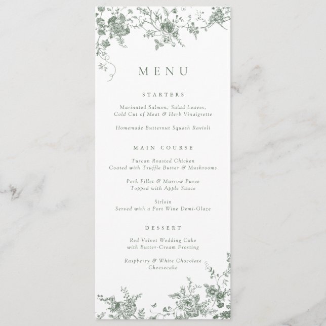 Elegant Floral Vintage Botanical Sage Green Menu (Front)