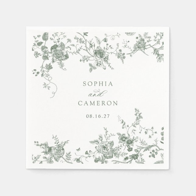 Elegant Floral Vintage Botanical Sage Wedding Napkin (Front)