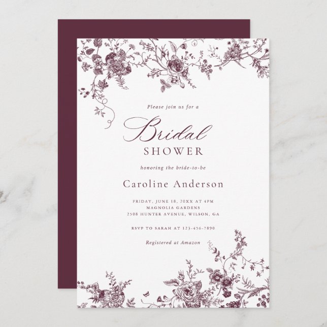Elegant Floral Vintage Burgundy Bridal Shower Invitation (Front/Back)
