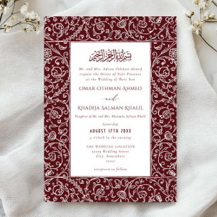 Elegant Floral Vintage Burgundy Islamic Wedding Invitation