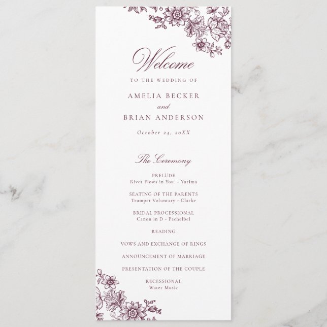 Elegant Floral Vintage Burgundy Wedding Program Programme (Front)