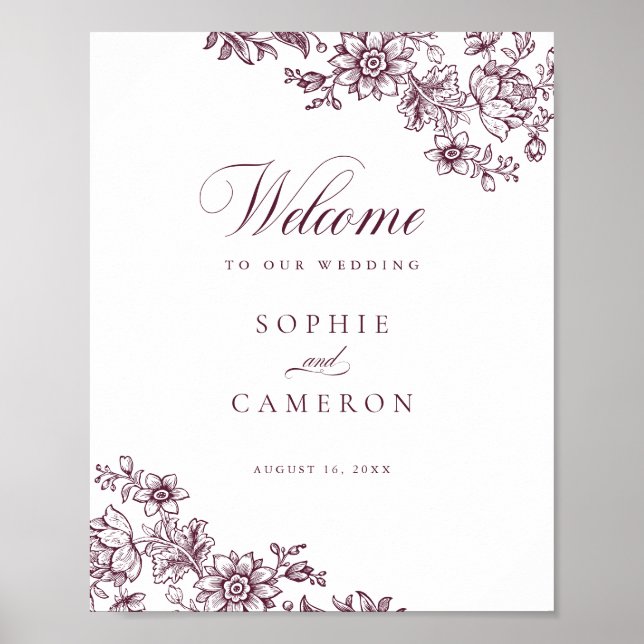 Elegant Floral Vintage Burgundy Wedding Welcome Poster (Front)
