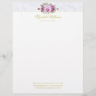 Elegant Floral Vintage Chic Pansies Purple Marble Custom Letterhead