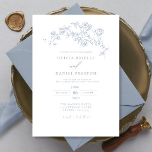Elegant Floral Vintage Dusty Blue Wedding Invitation