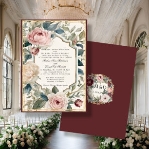 Elegant Floral Vintage French Classic Wine Wedding Invitation