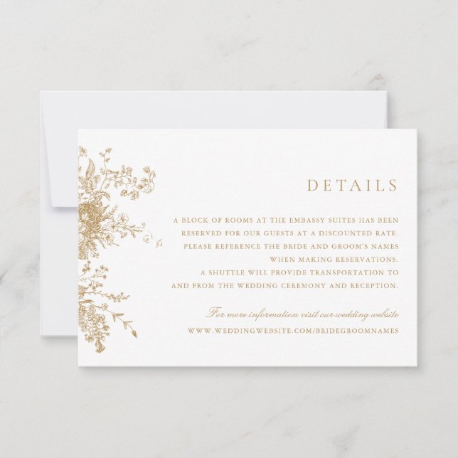 Elegant Floral Vintage Gold Wedding Details Invitation (Front)