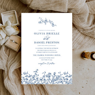 Elegant Floral Vintage Navy Blue Botanical Wedding Invitation