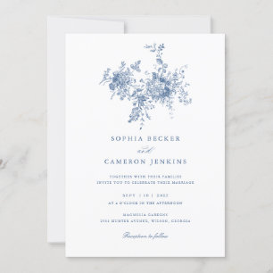 Elegant Floral Vintage Ornament Navy Blue Wedding Invitation