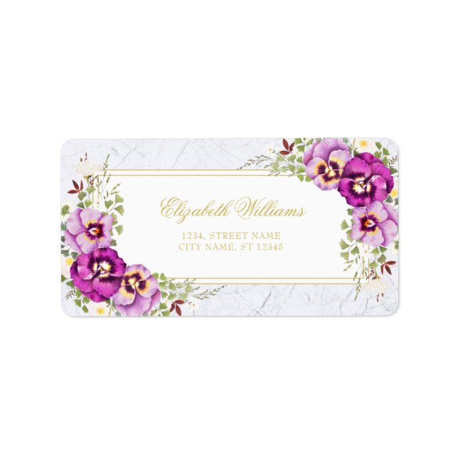 Elegant Floral Vintage Pansies Purple Marble Label (Front)