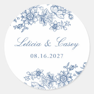 Elegant Floral Vintage Wedding Blue Classic Round Sticker
