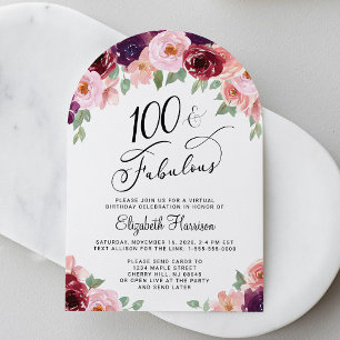 Elegant Floral Virtual 100th Birthday Party Arch Invitation