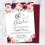 Elegant Floral Virtual 60th Birthday Party Invitation<br><div class="desc">Virtual 60th birthday party invitation featuring "60 & Fabulous" in an elegant calligraphy script and watercolor bouquets of burgundy red,  pink and purple florals.</div>