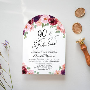 Elegant Floral Virtual 90th Birthday Party Arch Invitation