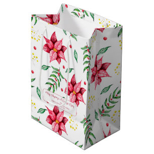 Elegant Floral Warm Red Christmas Medium Gift Bag