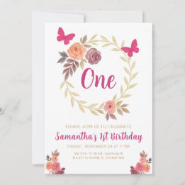 Elegant Floral  Watercolor 1st Birthday Invitation