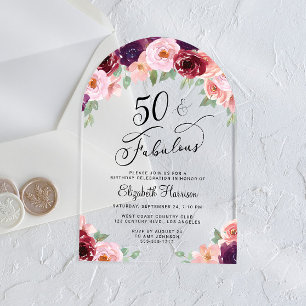 Elegant Floral Watercolor 50th Birthday Party Arch Acrylic Invitations