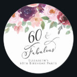 Elegant Floral Watercolor 60th Birthday Party Classic Round Sticker<br><div class="desc">Send out your sixtieth birthday party invitations and correspondence sealed with these elegant and chic personalised stickers with "60 & Fabulous" written in a pretty script and watercolor bouquets of burgundy red,  blush pink and plum purple florals with light sage greenery. Personalise with your name.</div>