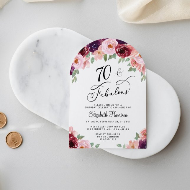 Elegant Floral Watercolor 70th Birthday Party Arch Invitation (Creator Uploaded)