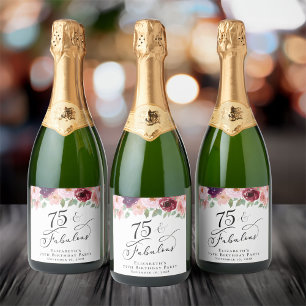Elegant Floral Watercolor 75th Birthday Party Sparkling Wine Label