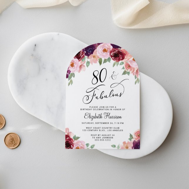 Elegant Floral Watercolor 80th Birthday Party Arch Invitation (Creator Uploaded)