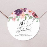 Elegant Floral Watercolor 80th Birthday Party Classic Round Sticker<br><div class="desc">Send out your eightieth birthday party invitations and correspondence sealed with these elegant and chic personalised stickers with "80 & Fabulous" in a chic script and watercolor bouquets of burgundy red,  blush pink and purple florals with light sage greenery. Personalise with your name.</div>
