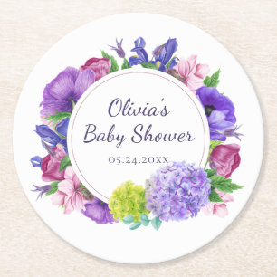 Elegant Floral Watercolor Baby Shower Round Paper Coaster