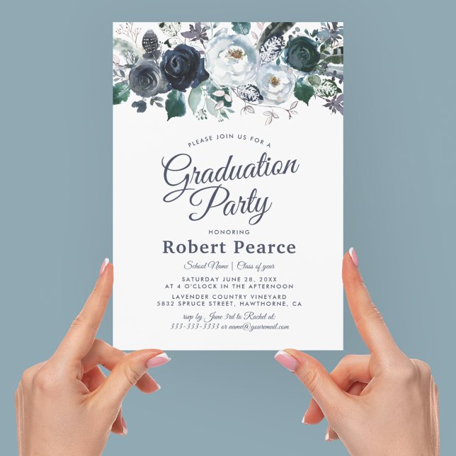 Elegant Floral Watercolor Blue Graduation Party Invitation (Creator Uploaded)