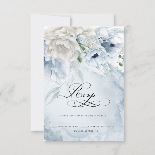 Elegant Floral Watercolor Blue Poppies RSVP Card (Front)