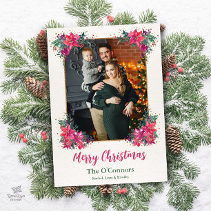 Elegant Floral Watercolor Boho Christmas Photo Holiday Card