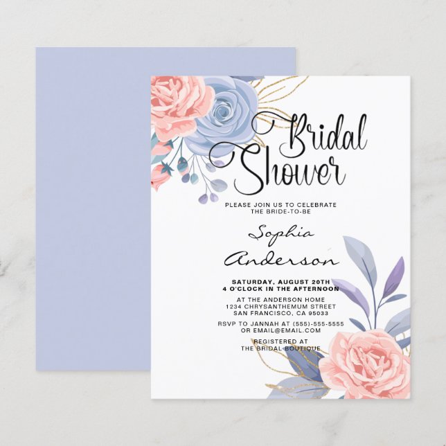 Elegant Floral Watercolor Bridal Shower Invitation (Front/Back)