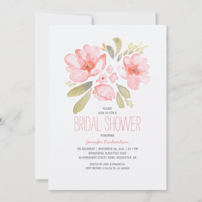 Elegant Floral Watercolor Bridal Shower Invitation (Front)