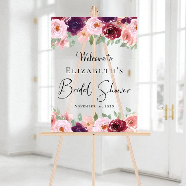 Elegant Floral Watercolor Bridal Shower Welcome Acrylic Sign (Creator Uploaded)