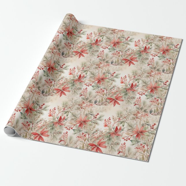 Elegant Floral Watercolor Christmas Wrapping Paper (Unrolled)