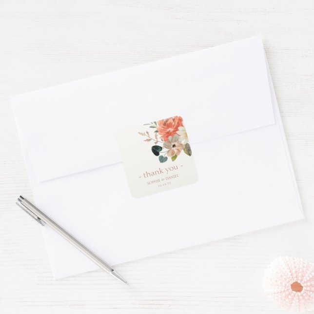 Elegant Floral Watercolor Couple Wedding Thank You Square Sticker (Envelope)