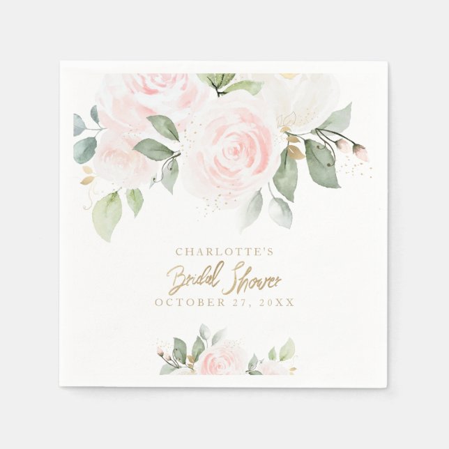 Elegant Floral Watercolor Gold Bridal Shower Napkin (Front)