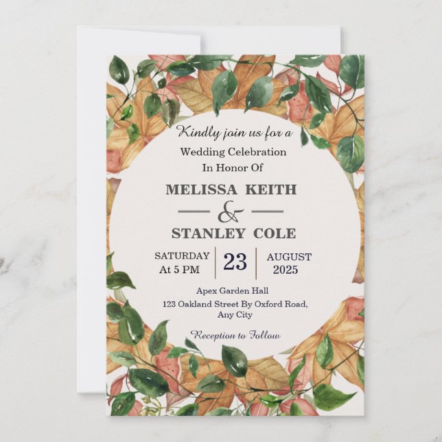 Elegant Floral Watercolor Orange Greenery Wedding Invitation (Front)