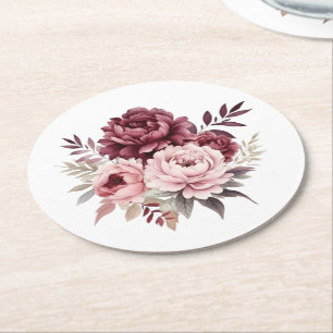 Elegant Floral Watercolor Peony Flowers Wedding Round Paper Coaster