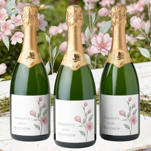Elegant Floral Watercolor Pink Sage Spring Wedding Sparkling Wine Label