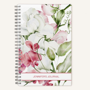 Elegant Floral Watercolor Pink White  Notebook