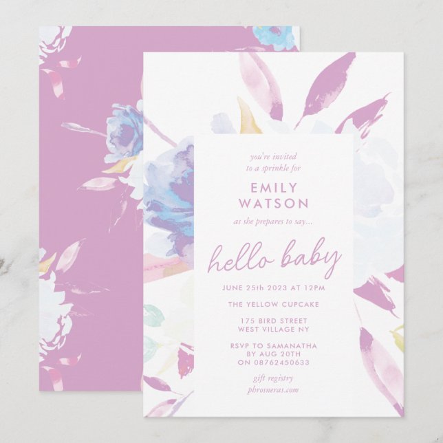 Elegant Floral Watercolor Purple Hello Baby Shower Invitation (Front/Back)