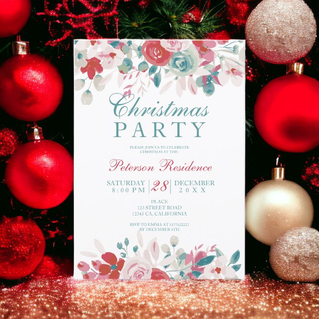 Elegant floral watercolor red green Christmas Invitation (Elegant floral watercolor red green Christmas Invitation)